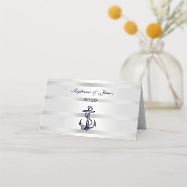 Nautical Navy Blu Anchor Silver Wht Escort Cards (Front)
