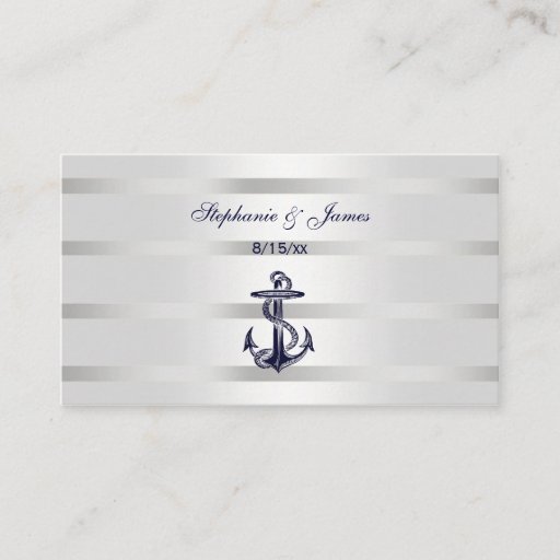 Customizable Nautical Navy Blu Anchor Silver Wht Escort Cards Business Card Template