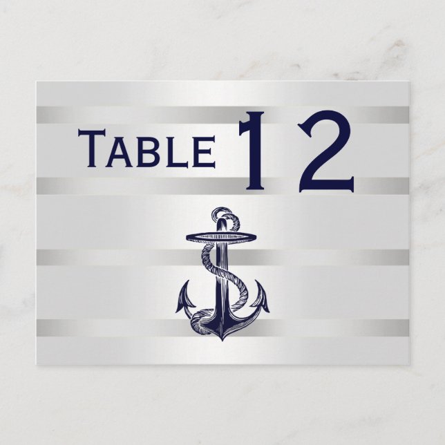 Nautical Navy Blu Anchor Silver Wht H Table Number (Front)