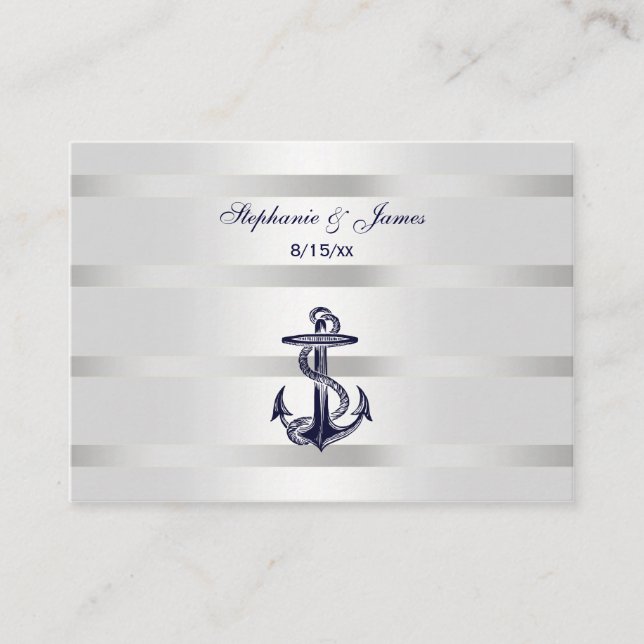 Nautical Navy Blu Anchor Silver Wht Place Cards #2 (Front)