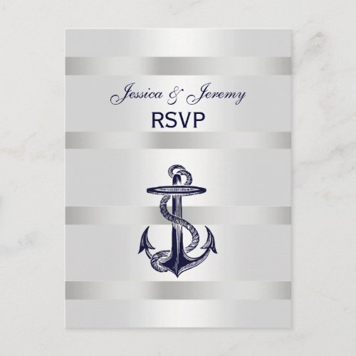 Nautical Navy Blu Anchor Silver Wht RSVP 1 Invitation Postcard