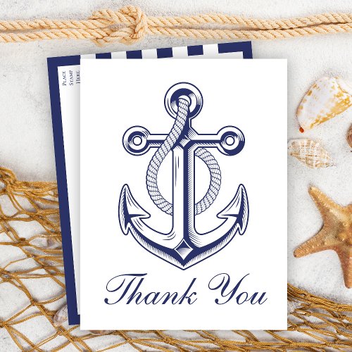 Nautical Navy Blue Achor Wedding Thank You Postcard