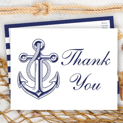 Nautical Navy Blue Achor Wedding Thank You Postcard