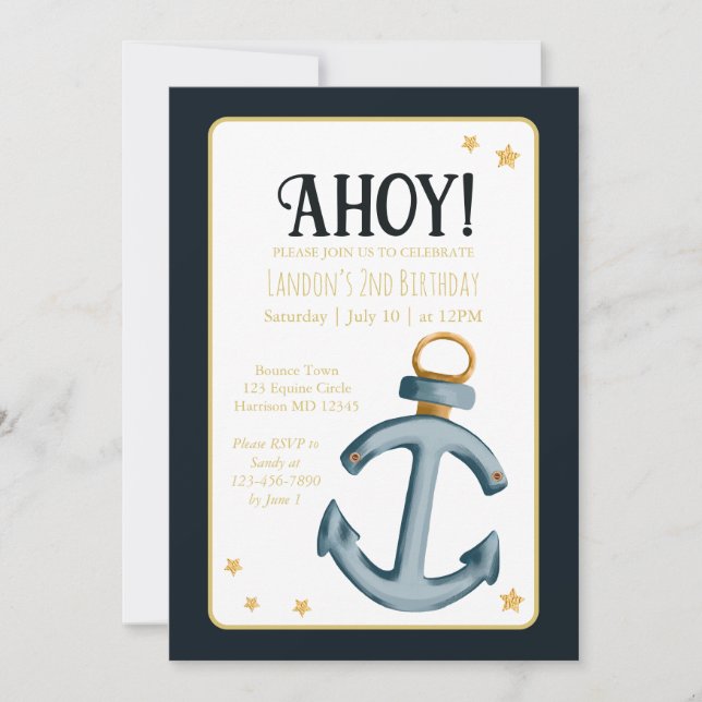 Nautical Navy Blue Ahoy Birthday Invitation (Front)
