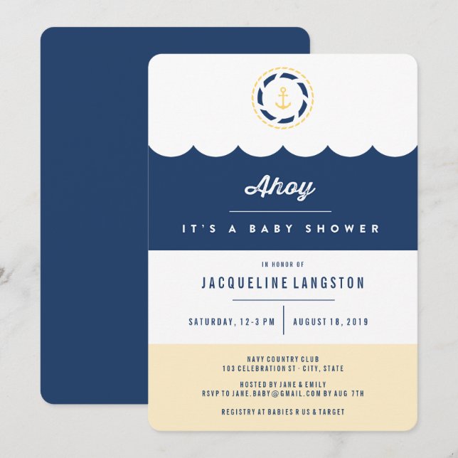 Nautical Navy Blue Ahoy Neutral Baby Shower Invite (Front/Back)