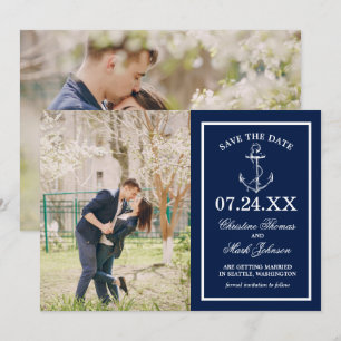 Nautical Navy Blue Anchor 2 Photo Save the Date Invitation