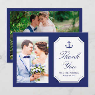 Nautical Navy Blue Anchor 2 Photo Wedding Thank You Card
