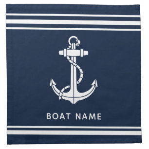 Nautical Navy Blue Anchor and Boat Name Custom Cloth Napkin