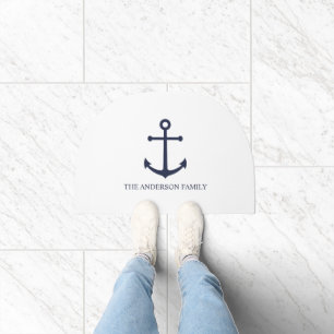 Nautical Navy Blue Anchor and Custom Family Name Doormat