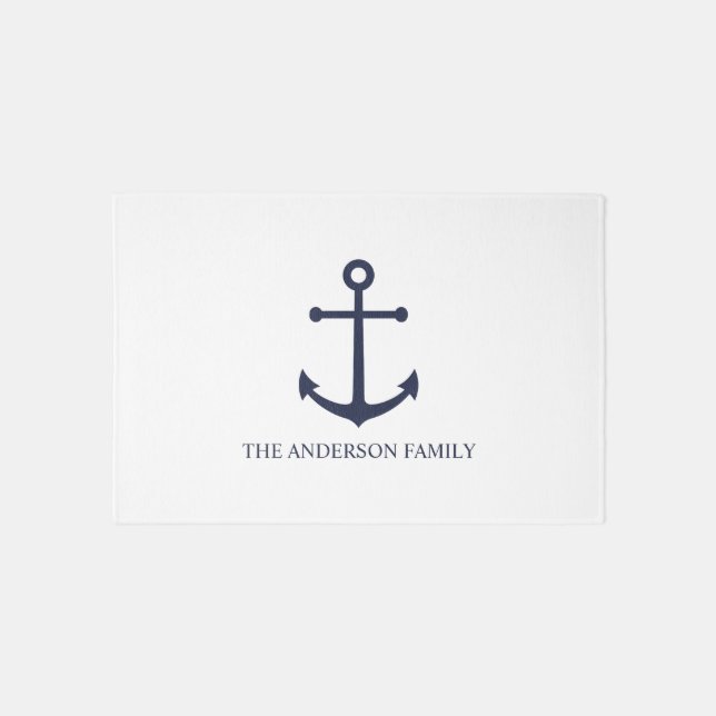 Nautical Navy Blue Anchor and Custom Family Name Outdoor Rug (Front)