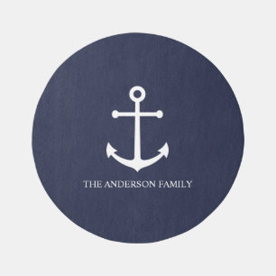 Nautical Navy Blue Anchor and Custom Family Name Outdoor Rug