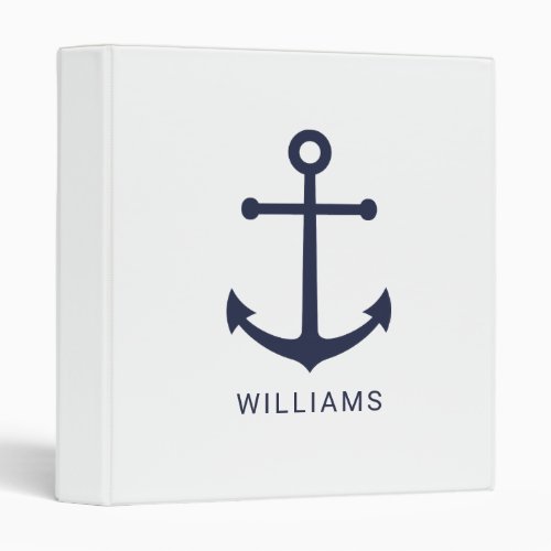 Nautical Navy Blue Anchor and Custom Name 3 Ring Binder