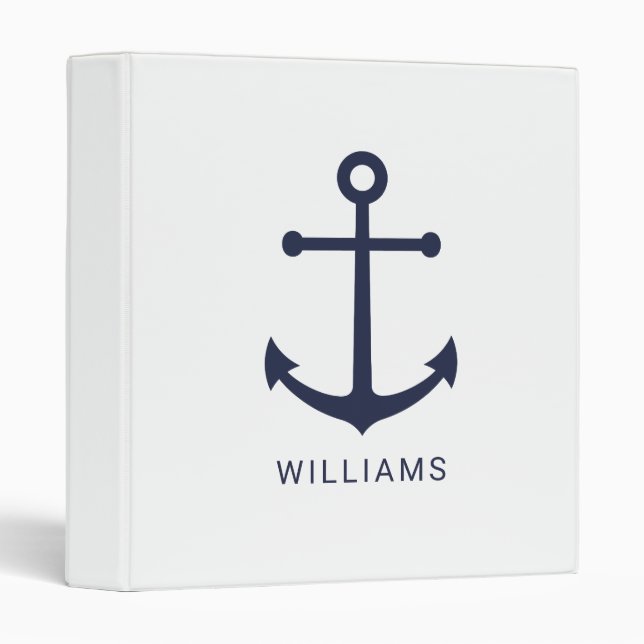 Nautical Navy Blue Anchor and Custom Name 3 Ring Binder (Front/Spine)
