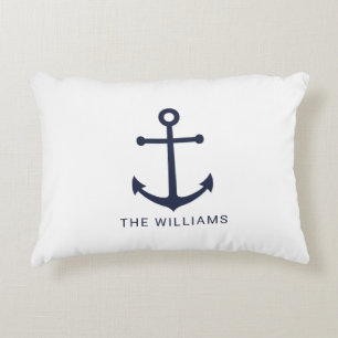 Nautical Navy Blue Anchor and Custom Name Accent Pillow