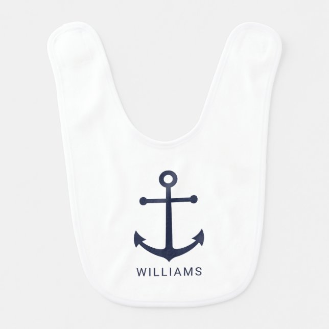 Nautical Navy Blue Anchor and Custom Name Baby Bib (Front)