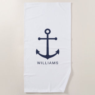 Nautical Navy Blue Anchor and Custom Name Beach Towel