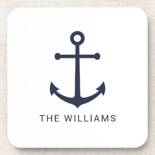 Nautical Navy Blue Anchor and Custom Name Beverage Coaster