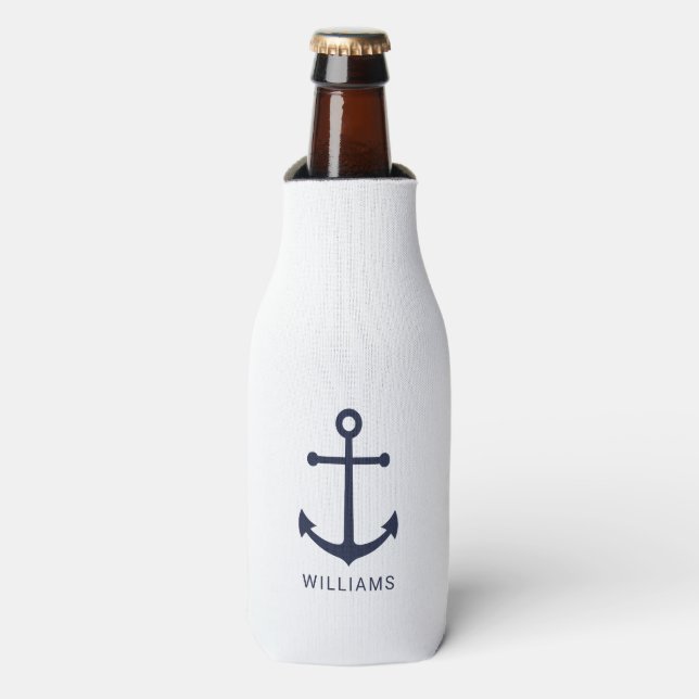 Nautical Navy Blue Anchor and Custom Name Bottle Cooler (Bottle Front)
