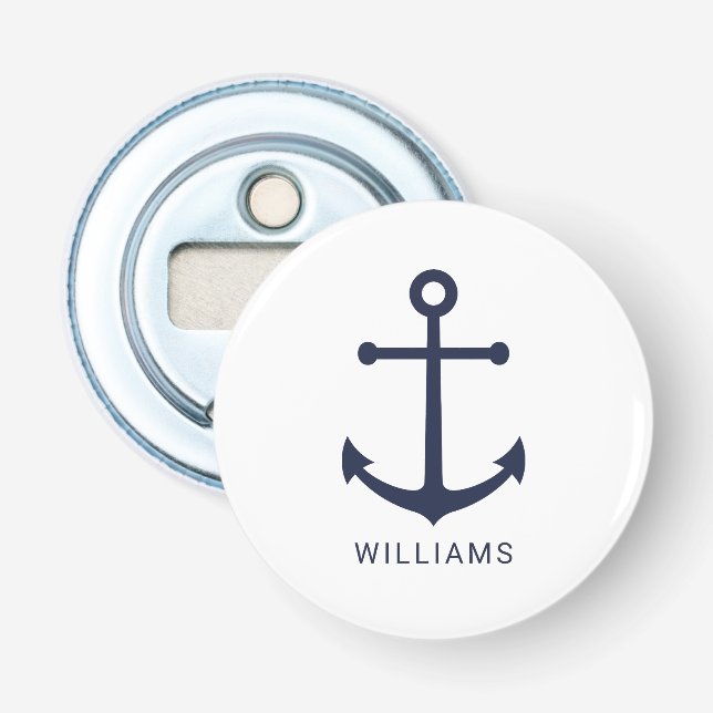 Nautical Navy Blue Anchor and Custom Name Bottle Opener (Front)