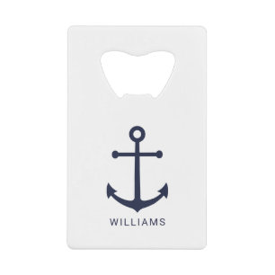 Nautical Navy Blue Anchor and Custom Name Credit Card Bottle Opener
