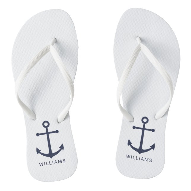 Nautical Navy Blue Anchor and Custom Name Flip Flops (Footbed)