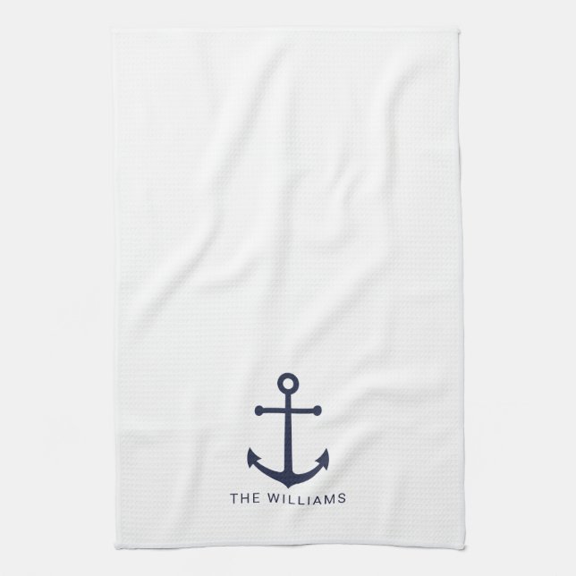 Nautical Navy Blue Anchor and Custom Name Kitchen Towel (Vertical)