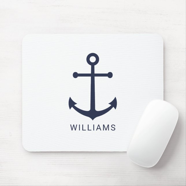 Nautical Navy Blue Anchor and Custom Name Mouse Pad (With Mouse)
