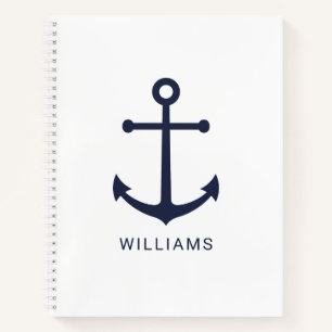 Nautical Navy Blue Anchor and Custom Name on White Notebook