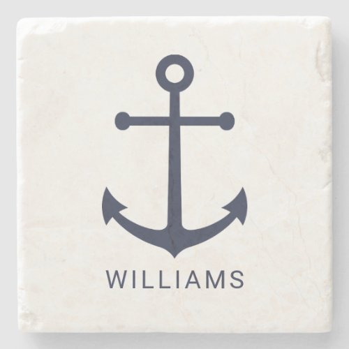 Nautical Navy Blue Anchor and Custom Name on White Stone Coaster