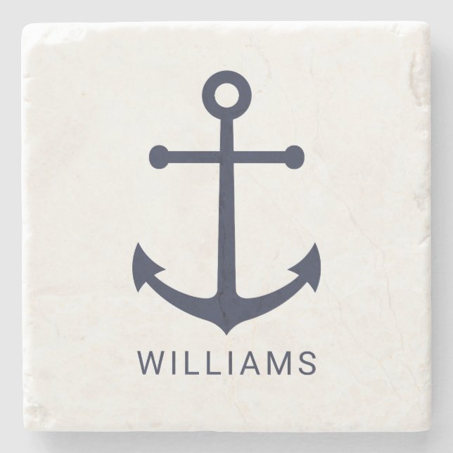 Nautical Navy Blue Anchor and Custom Name on White Stone Coaster (Front)