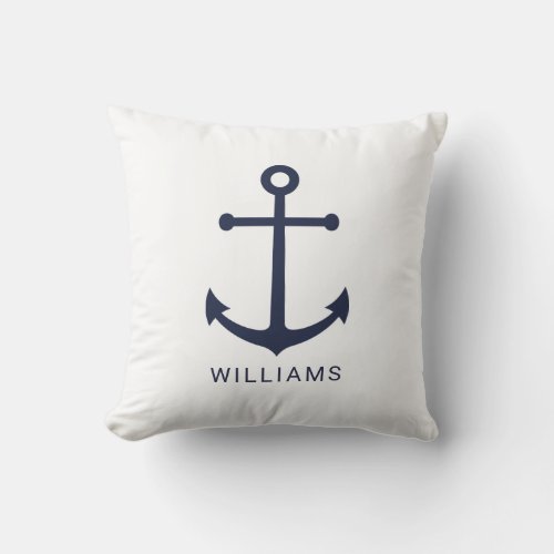 Nautical Navy Blue Anchor and Custom Name on White Throw Pillow