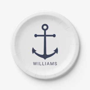 Nautical Navy Blue Anchor and Custom Name Paper Plates