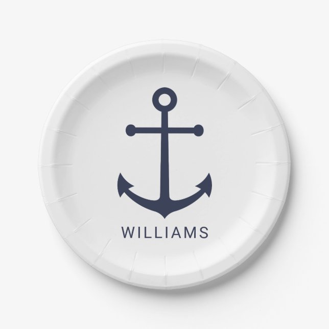 Nautical Navy Blue Anchor and Custom Name Paper Plates (Front)
