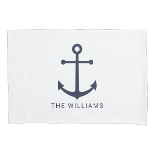 Nautical Navy Blue Anchor and Custom Name Pillow Case