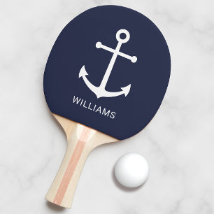 Nautical Navy Blue Anchor and Custom Name Ping Pong Paddle