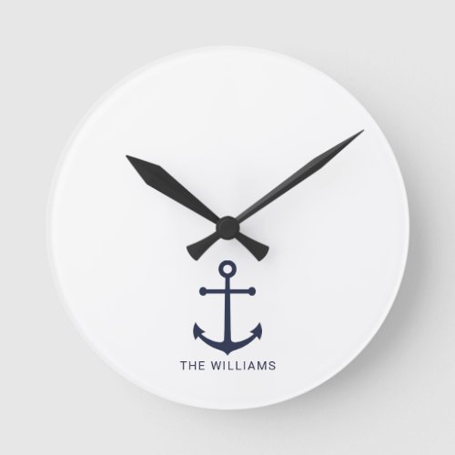 Nautical Navy Blue Anchor and Custom Name Round Clock
