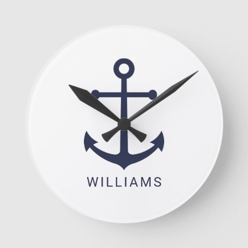 Nautical Navy Blue Anchor and Custom Name Round Clock