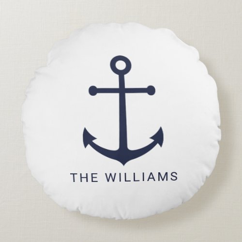 Nautical Navy Blue Anchor and Custom Name Round Pillow