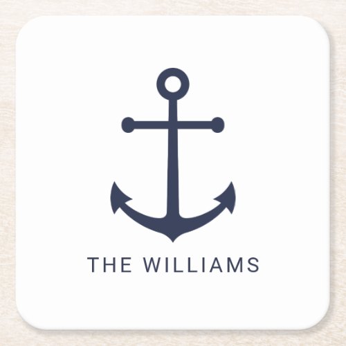 Nautical Navy Blue Anchor and Custom Name Square Paper Coaster