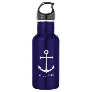 Nautical Navy Blue Anchor and Custom Name Stainless Steel Water Bottle