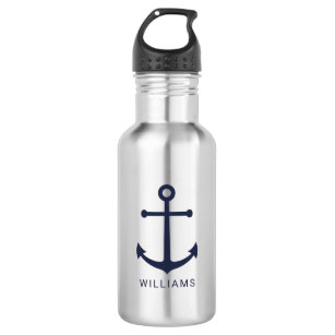 Nautical Navy Blue Anchor and Custom Name Stainless Steel Water Bottle