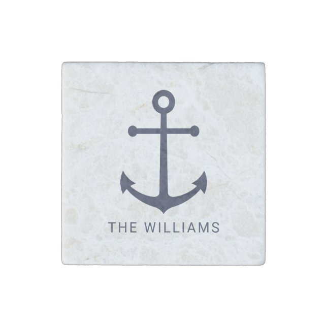 Nautical Navy Blue Anchor and Custom Name Stone Magnet (Front)