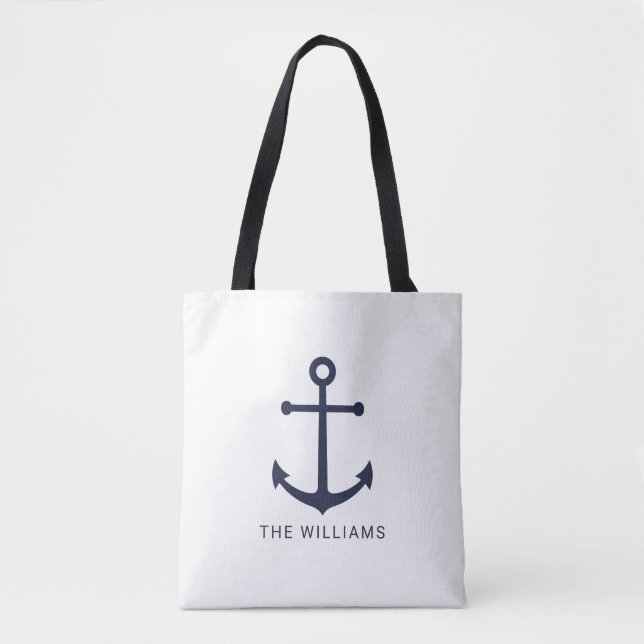 Nautical Navy Blue Anchor and Custom Name Tote Bag (Front)