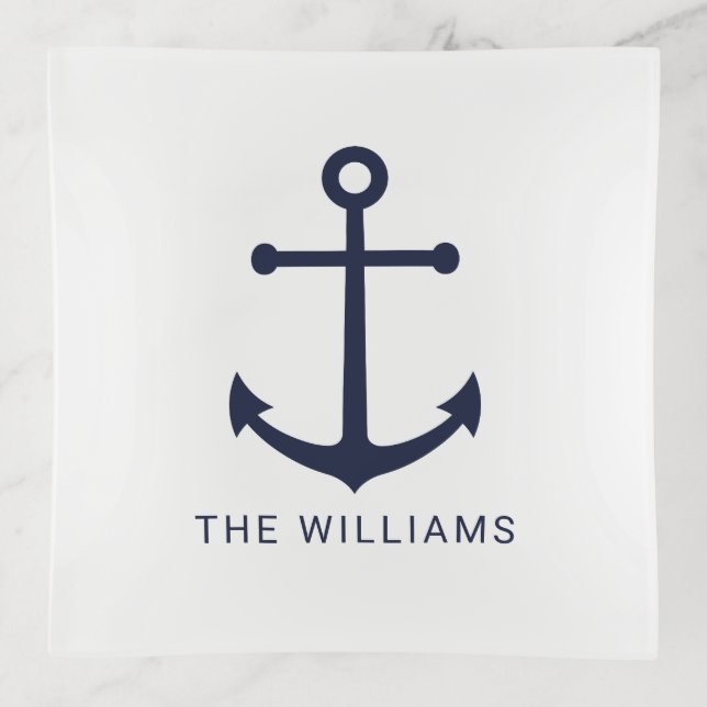 Nautical Navy Blue Anchor and Custom Name Trinket Tray (Front)