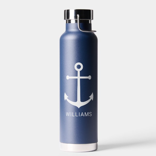 Nautical Navy Blue Anchor and Custom Name Water Bottle (Left)