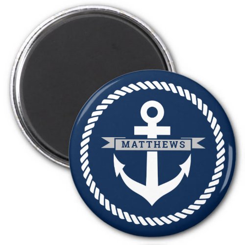 Nautical navy blue anchor and rope custom fridge magnet