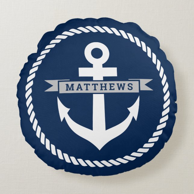 Nautical navy blue anchor and rope family name round pillow (Front)