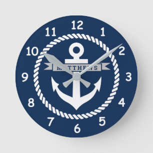 Nautical navy blue anchor and rope personalized round clock