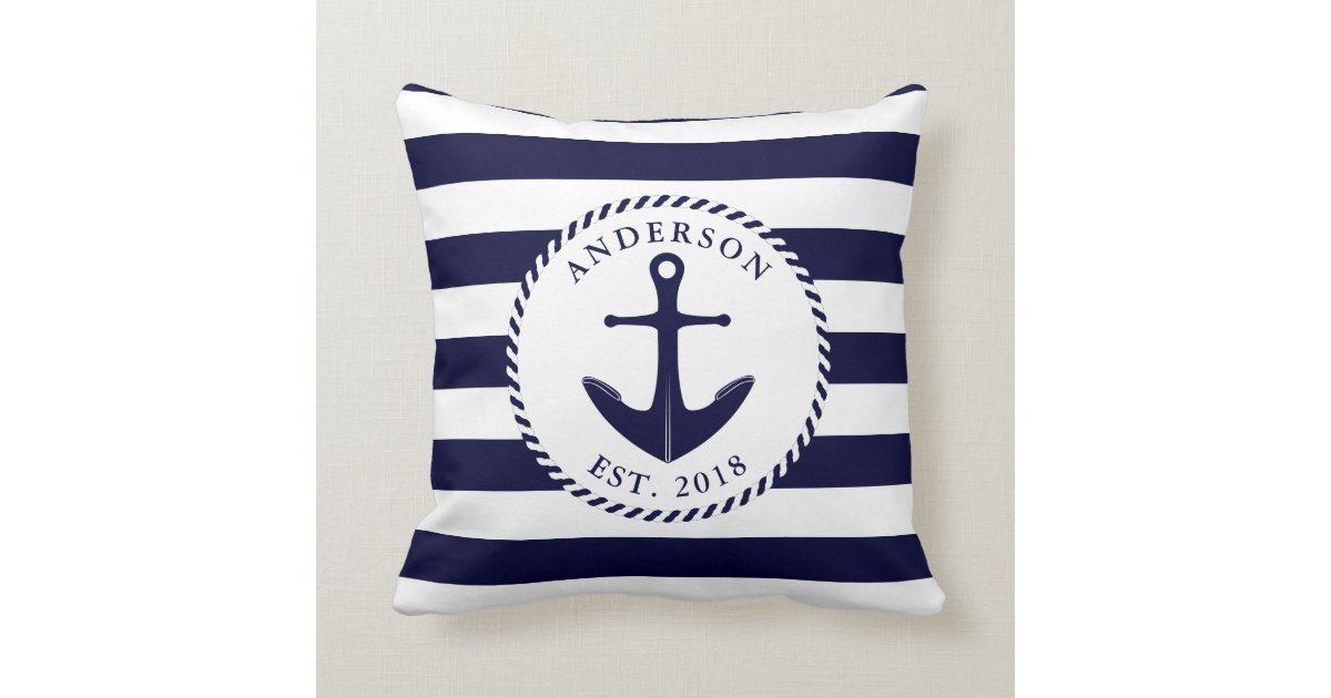 Nautical Navy Blue Anchor And Rope Personalized Throw Pillow