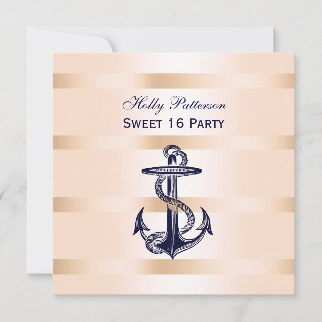 Nautical Navy Blue Anchor Baby Pink BG SQ Sweet 16 Invitation (Front)